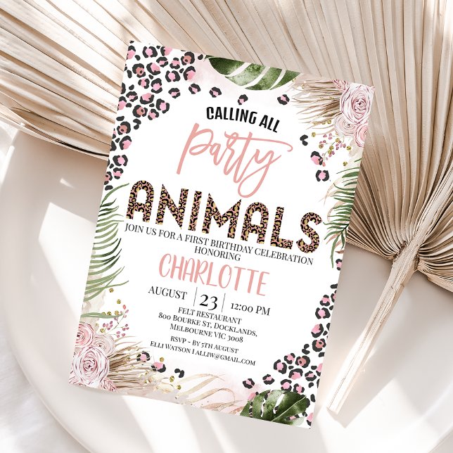 Convites Primeiro aniversario Safari Impressão Verde Rosa (Calling all party animals boho floral and foliage safari first birthday invitation for a girl.)