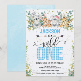 Convites Primeiro aniversario Safari Wild One Blue Gingham