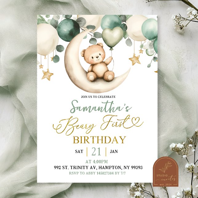 Convites Primeiro Aniversário Sage Greenery Beary (Criador carregado)