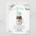 Convites Primeiro aniversario Scary One Green Ghost Milksha<br><div class="desc">O tema do primeiro aniversario fantasma "Um fantasma",  com a ilustração aquosa de um tremor fantasma de Mason jar halloween,  tocado com aspersão verde,  morcego,  e "1" para o topo da vela com palha verde. A borda apresenta designs de cor d'água de cinza,  confete verde e morcegos.</div>