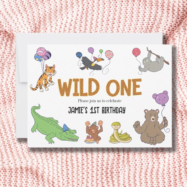 Convites primeiro aniversario Selvagem - Animais Safari Sel (Safari 1st birthday invitations. Wild one theme with jungle animals.)
