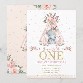 Convites primeiro aniversario Selvagem de Elefante Floral C