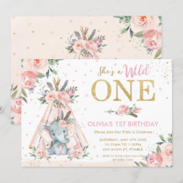 Convites primeiro aniversario Selvagem de Elefante Floral T