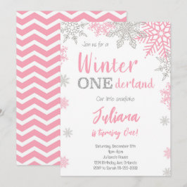 Convites Primeiro aniversario Silver Pink Winter Wonderland