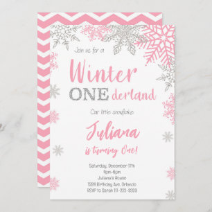 Convites Primeiro aniversario Silver Pink Winter Wonderland