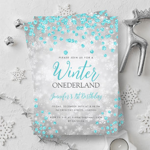Convites Primeiro aniversario Silver Turquoise Winter ONEDE
