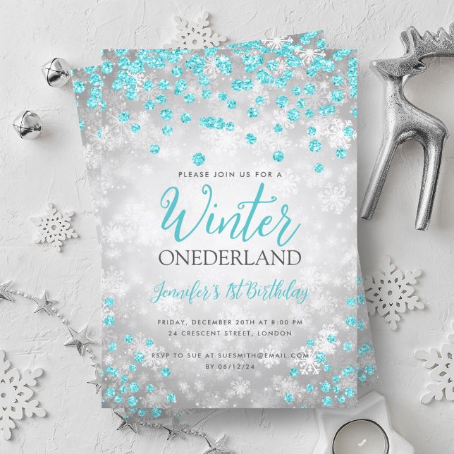 Convites Primeiro aniversario Silver Turquoise Winter ONEDE (Silver Turquoise Winter ONEDERLAND 1st Birthday Invitation)