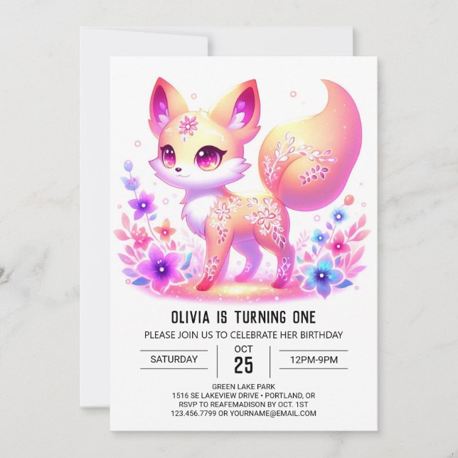 Convites Primeiro aniversario Simples de Pastel de Fox da F (Frente)