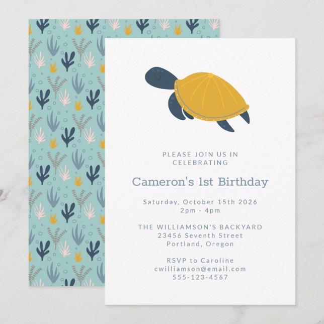 Convites Primeiro aniversario Simples de Tartaruga Moderna  (Frente/Verso)