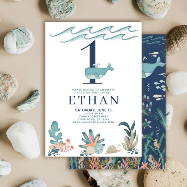 Convites primeiro aniversario Sob O Mar De Baleia Aquarela (Criador carregado)