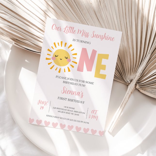 Convites Primeiro aniversario Sol Rosa Moderno Pequena Miss (Little Sunshine First Birthday  Invitation Template, Little Miss Sunshine 1st Birthday Invitation)
