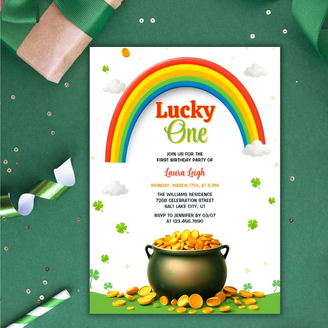 Convites primeiro aniversario Sortudo do Dia de São Patríci (Lucky One 1st Birthday Invitation – Rainbow, Pot of Gold, and Shamrock Themed Design)