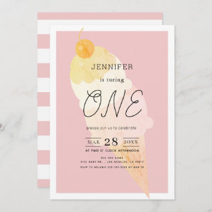 Convites primeiro aniversario sorvete Rosa Stripe Girl