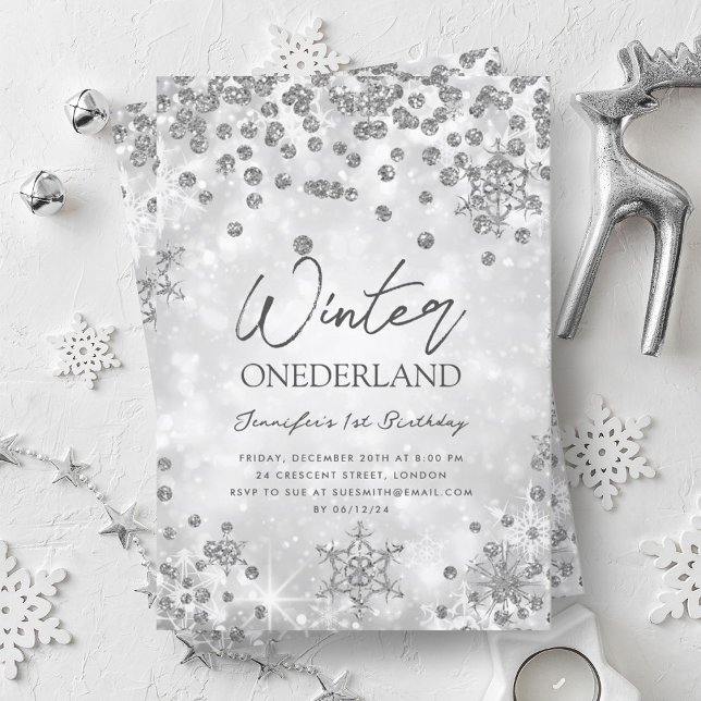 Convites Primeiro aniversario Sparkle Silver Winter ONEDERL (Silver Winter ONEDERLAND Sparkle 1st Birthday Invitation)