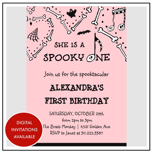 Convites Primeiro aniversario Spooktacular de Halloween do  (Halloween-1st-birthday-Invitation-Spooky-Spooktacular-Skull-pink-1)