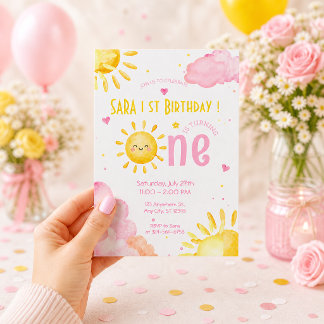 Convites Primeiro Aniversário Sunshine Pastel Menina Bebê F