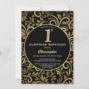 Convites Primeiro aniversario surpresa preto e Dourado flor