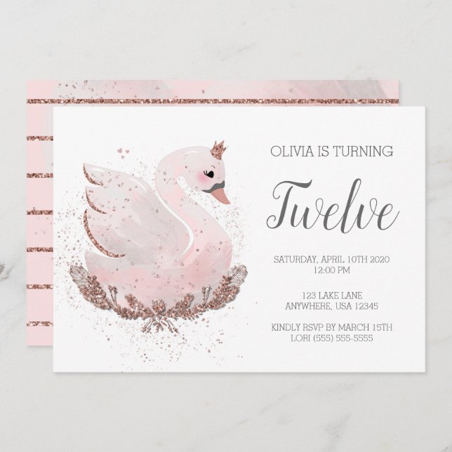 Convites Primeiro aniversario Swan | Brilho branco e Rosa D (Frente/Verso)
