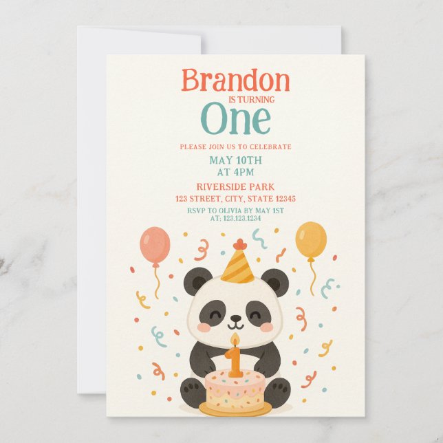 Convites Primeiro aniversario Teal & Orange Panda Cake e Ba (Frente)
