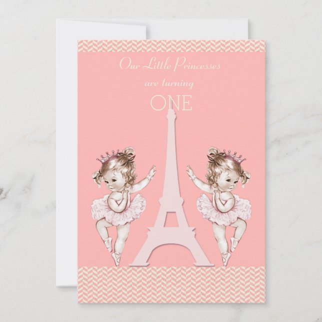 Convites Primeiro aniversario Twin Ballerinas Eiffel Tower  (Frente)
