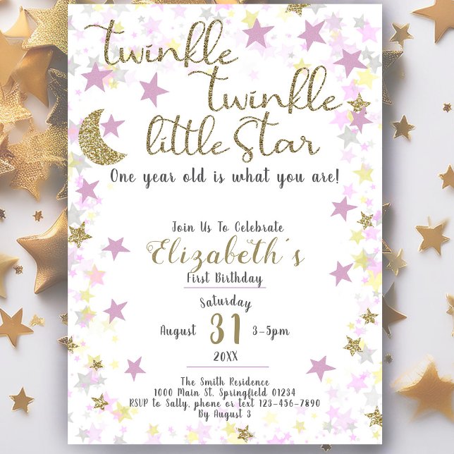 Convites primeiro aniversario Twinkle Little Star Dourada G (Criador carregado)