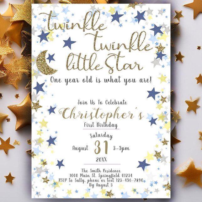 Convites primeiro aniversario Twinkle Little Star Dourado B (Criador carregado)