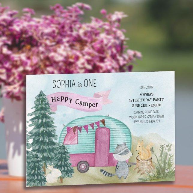 Convites primeiro aniversario Um Feliz Camper Woodland Cara (Criador carregado)