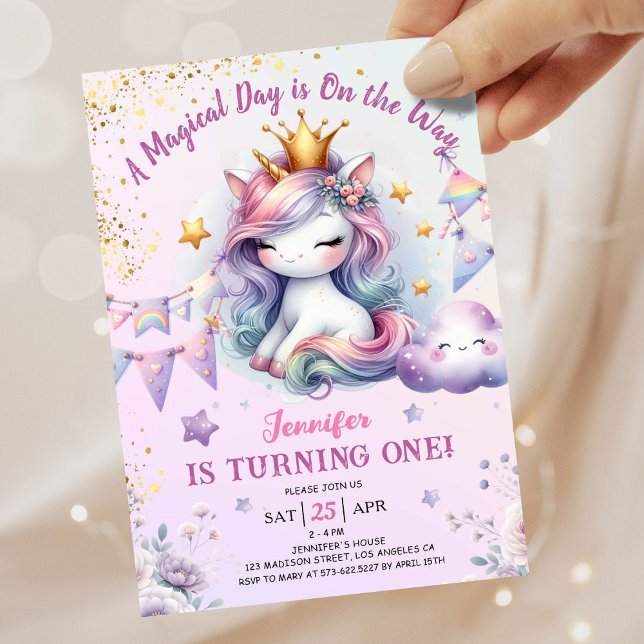 Convites Primeiro aniversario Unicorn Convide Rapariga Rosa (#UnicornBirthdayInvitation #UnicornBirthdayInvitationTemplate #UnicornBirthdayInvitationEditable 
)