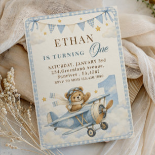 Convites Primeiro Aniversário Urso de Gingham Azul Avião