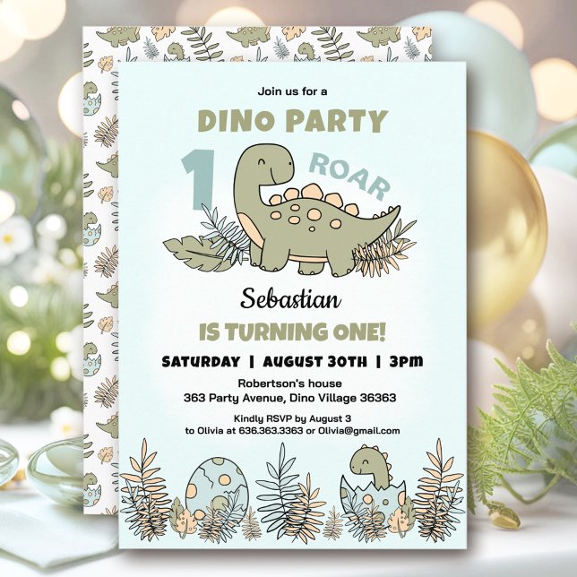 Convites Primeiro aniversario Verde Azul do Dinossauro (Cute Dinosaur Blue Green Boy 1st Birthday Invitation)