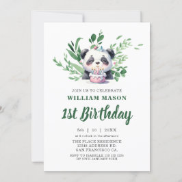 Convites Primeiro aniversario verde Panda Watercolor