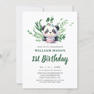 Convites Primeiro aniversario verde Panda Watercolor