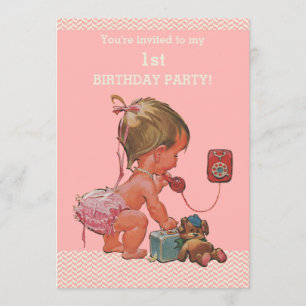 Convites primeiro aniversario Vintage Baby on Phone Pink Ch