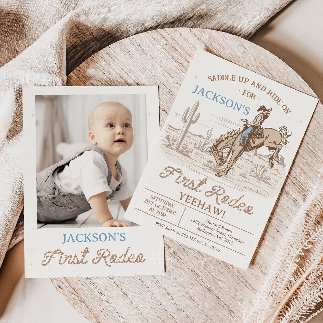 Convites Primeiro aniversario Vintage Brown Photo Cowboy Ro (Cowboy 1st Birthday Invitation, Rodeo First Birthday Invitation, Western 1st Birthday Invite, Horse)