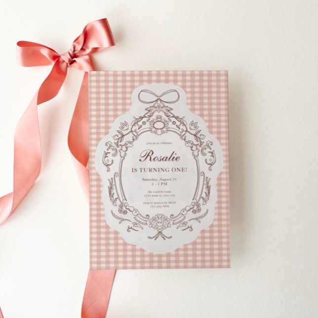 Convites Primeiro aniversario Vintage Floral Gingham Girls (Girls First Preppy Vintage Birthday Invite)