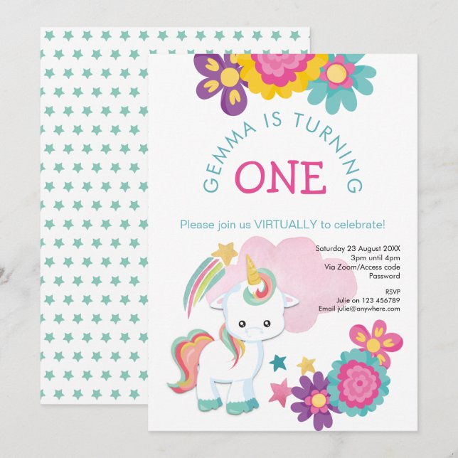 Convites Primeiro aniversario Virtual de Garota Rosa Unicor (Frente/Verso)