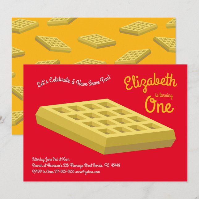 Convites Primeiro aniversario Waffle Cute Breakfast Brunch  (Frente/Verso)