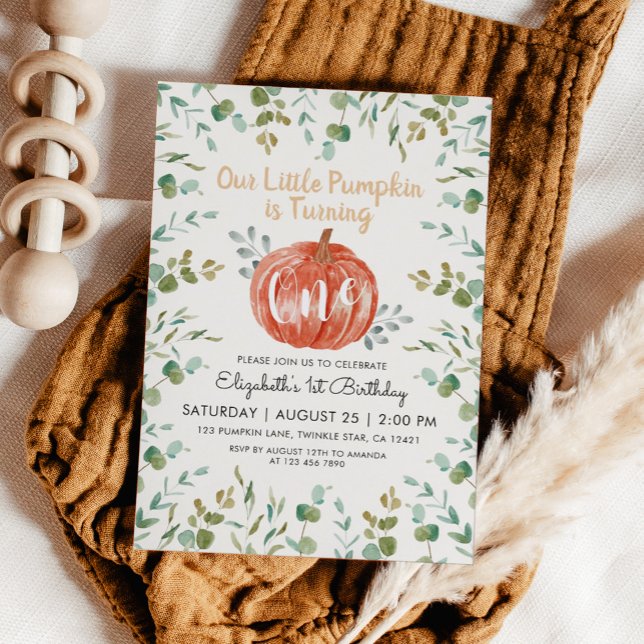 Convites primeiro aniversario Watercolor Pumpkin e Eucalypt (Criador carregado)