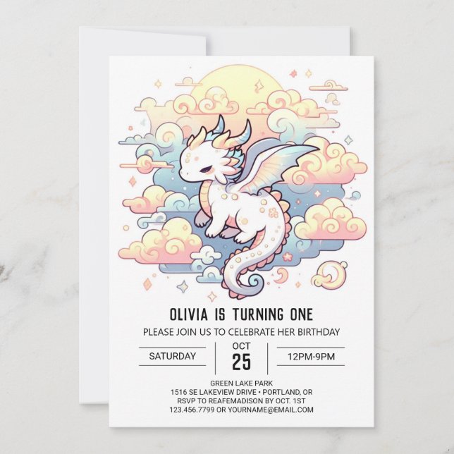 Convites Primeiro aniversario Whimsical Dragon (Frente)
