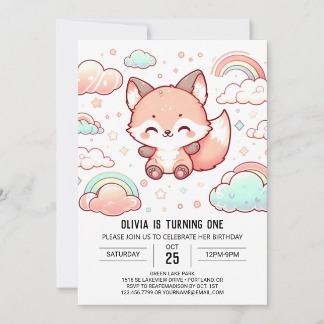 Convites Primeiro aniversario Whimsical Fox (Frente)