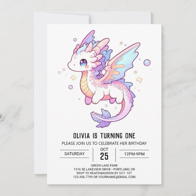 Convites Primeiro aniversario Whimsical Pastel Dragon (Frente)