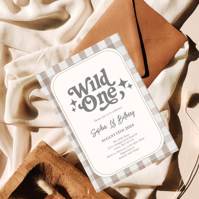 Convites Primeiro aniversario Wild One Neutral Gingham (Criador carregado)