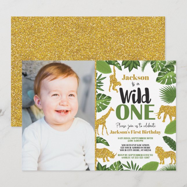 Convites primeiro aniversario Wild One Safari Dourado (Frente/Verso)
