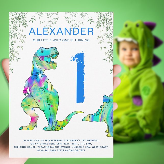 Convites Primeiro aniversario Wild One T Rex - Azul (Dinosaur wild one modern 1st birthday party blue invitation with colorful T-Rex and Stegosaurus dino)