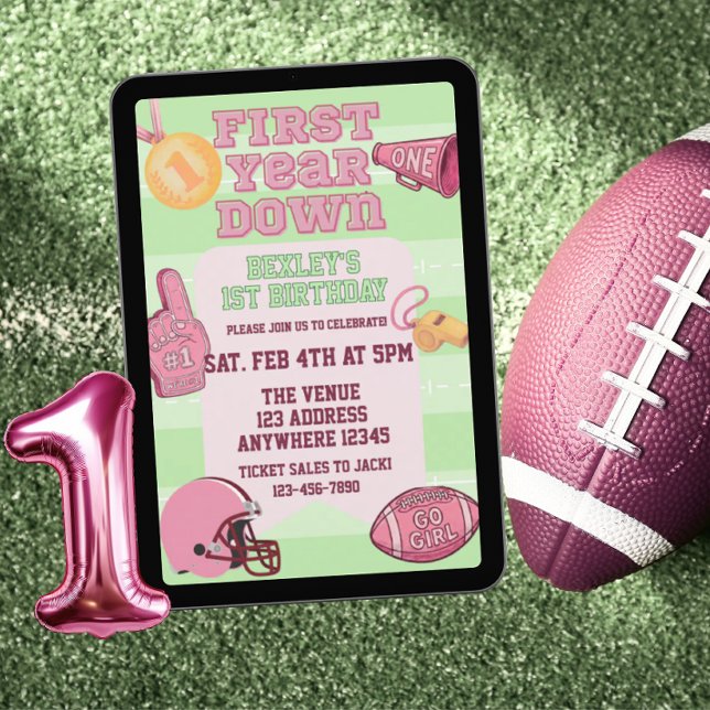 Convites Primeiro Ano Down Futebol Americano Rosa Aniversár (Criador carregado)