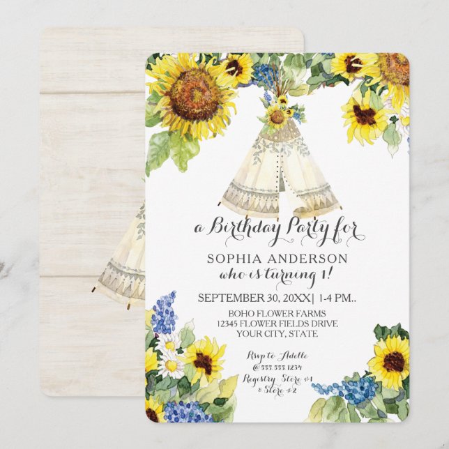 Convites Primeiro Aventura Boho Teepee Sunflower (Frente/Verso)