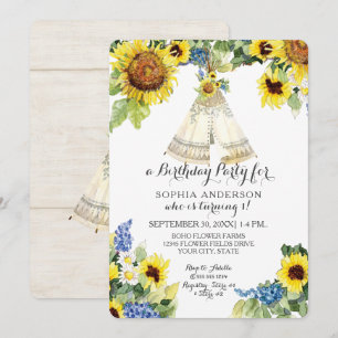 Convites Primeiro Aventura Boho Teepee Sunflower