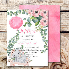 Convites Primeiro Balão Rosa de Aniversário - Elefante Euca