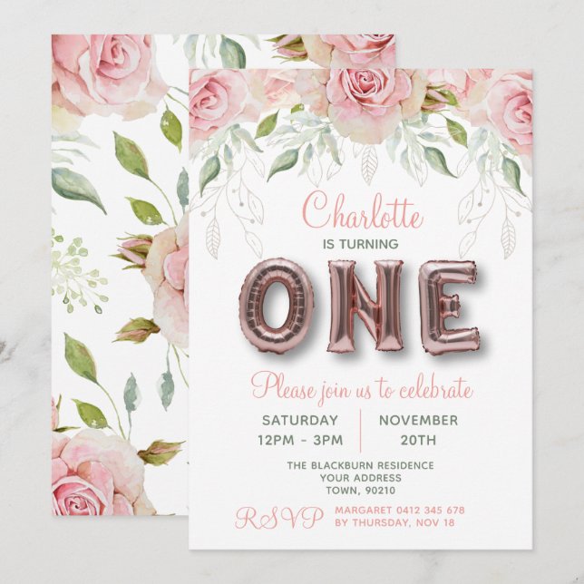 Convites Primeiro Balão Rosa-Dourado Rosa de Aniversário (Frente/Verso)