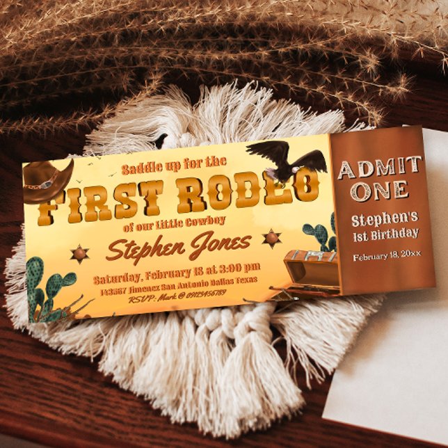 Convites Primeiro Bilhete Rodeo (First Rodeo -  Boy 1st Birthday Cowboy Ticket Invitation)